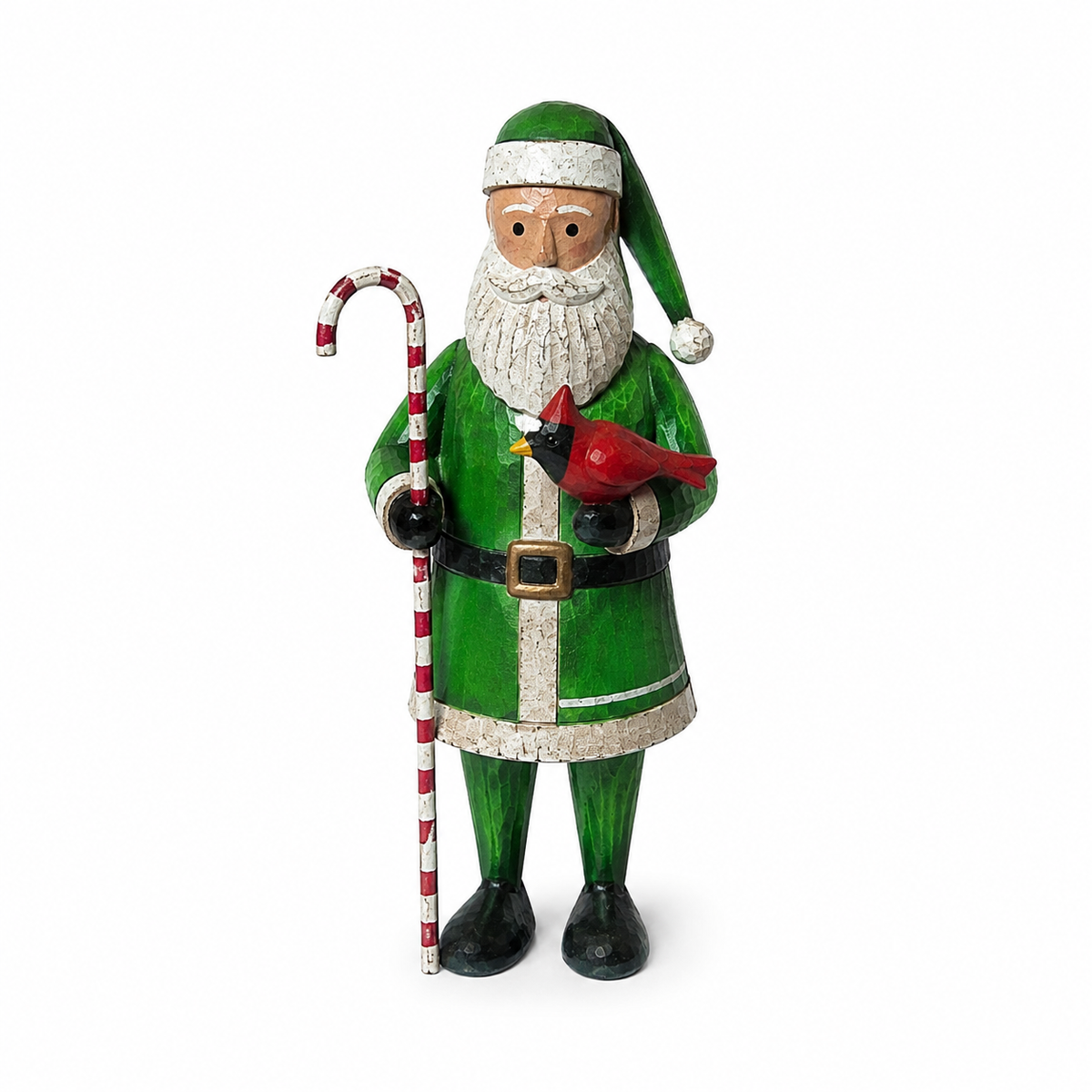 Green Santa Claus figurine holding a candy cane and cardinal bird on a white background