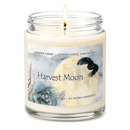 Clear jar candle with white wax and a decorative label on a white background.