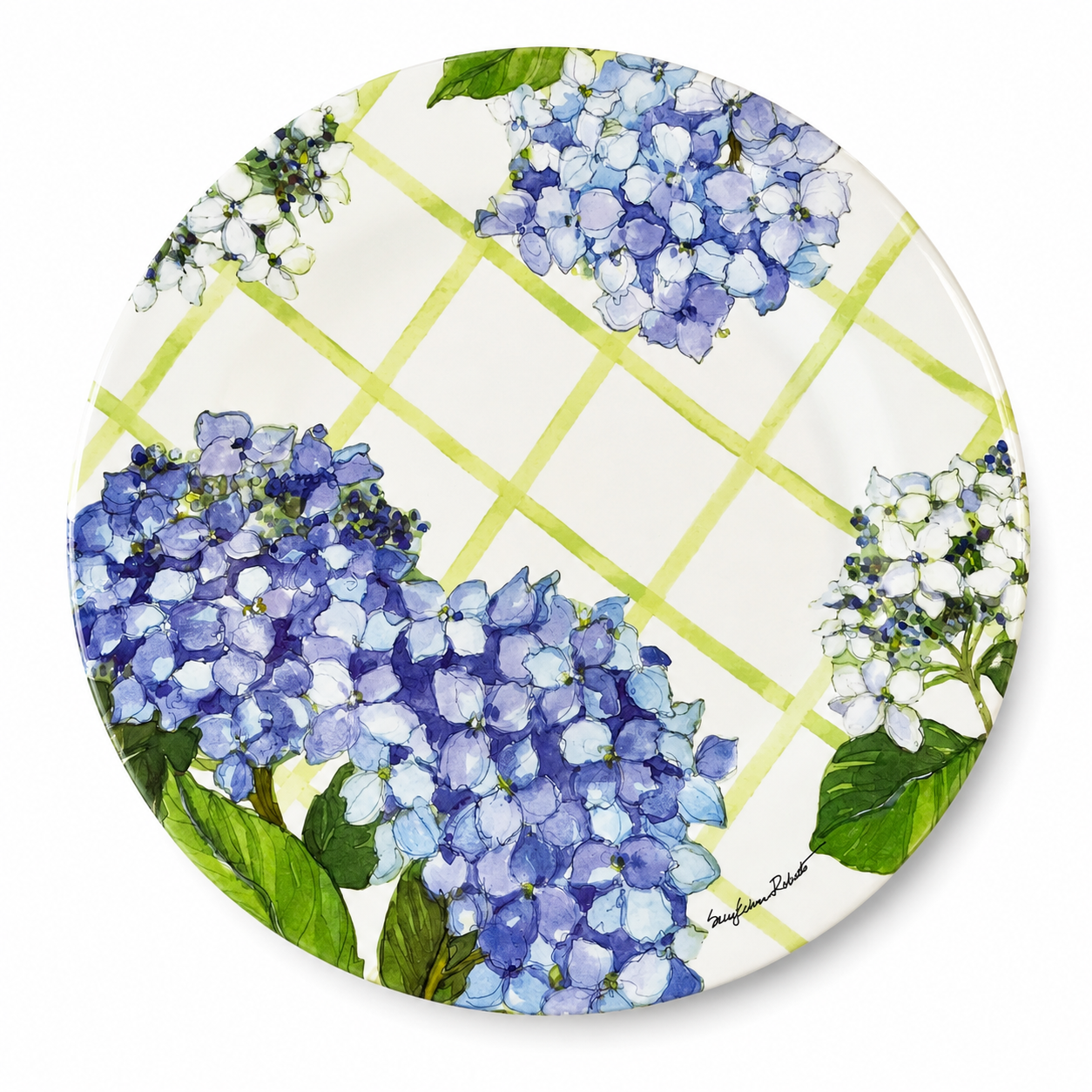 Dinner plate with hydrangea  pattern on white background.