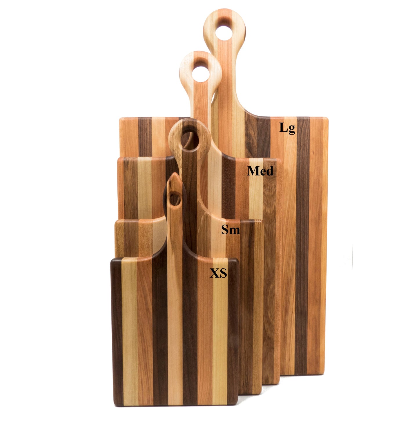 Set of wooden cutting boards with sizes labeled on a white background