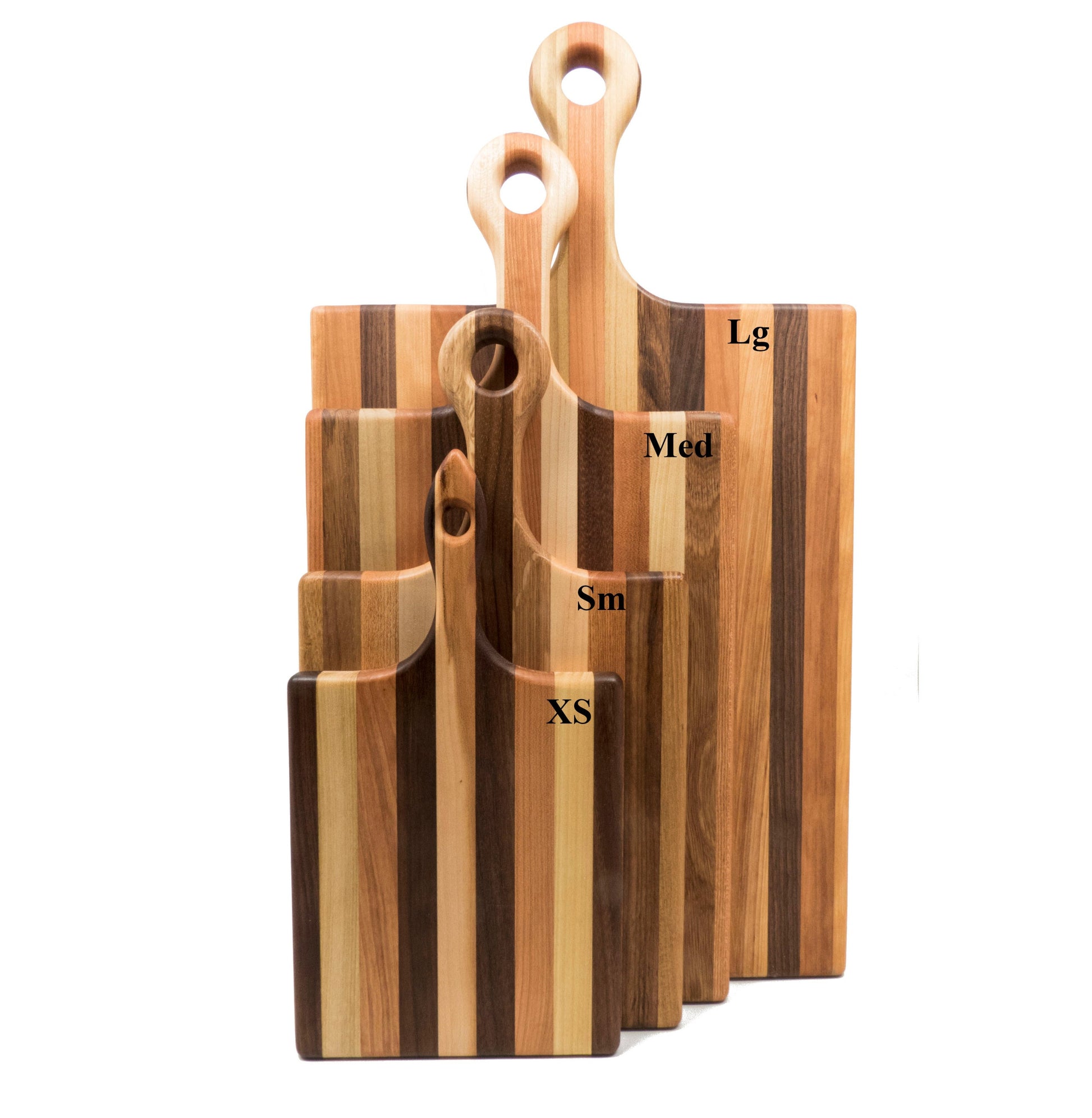 Set of wooden cutting boards with sizes labeled on a white background