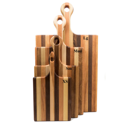 Set of wooden cutting boards with sizes labeled on a white background