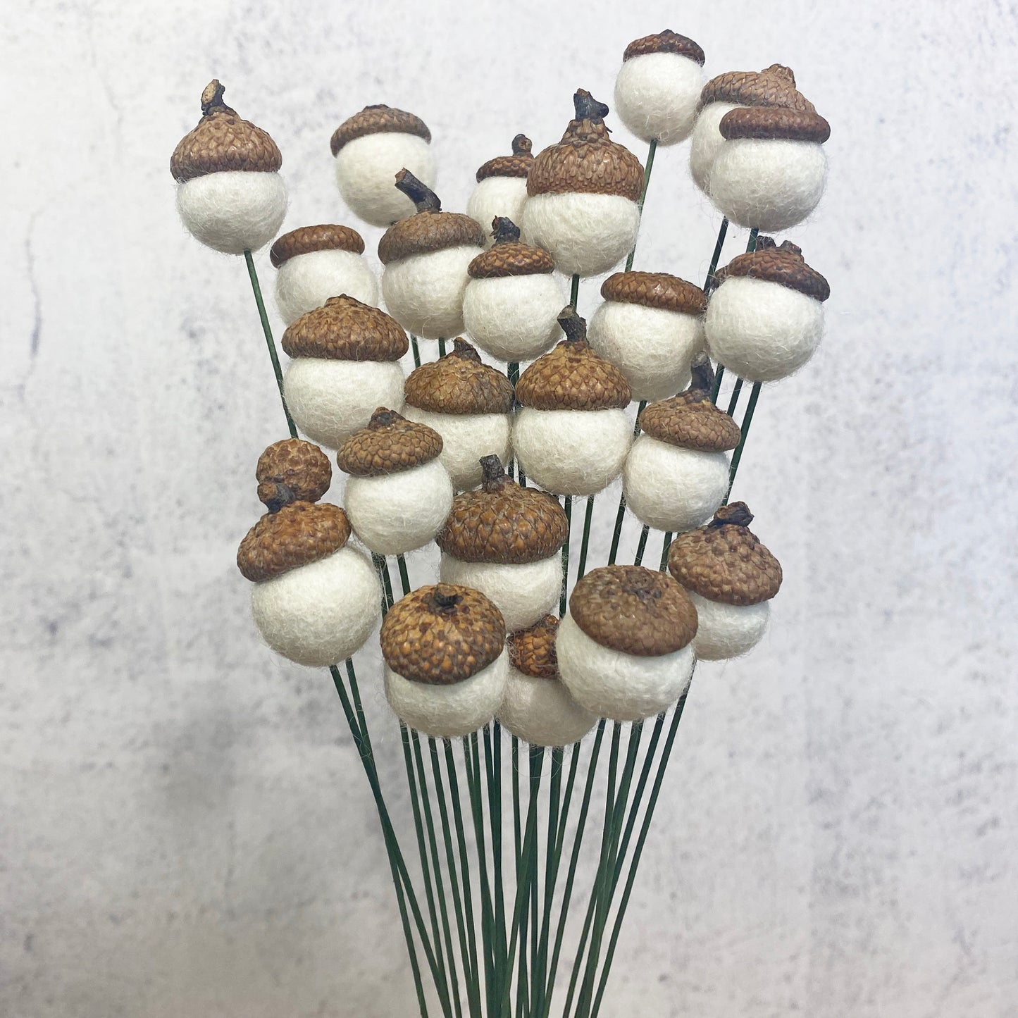 Bouquet of acorn-shaped decorations on a white background