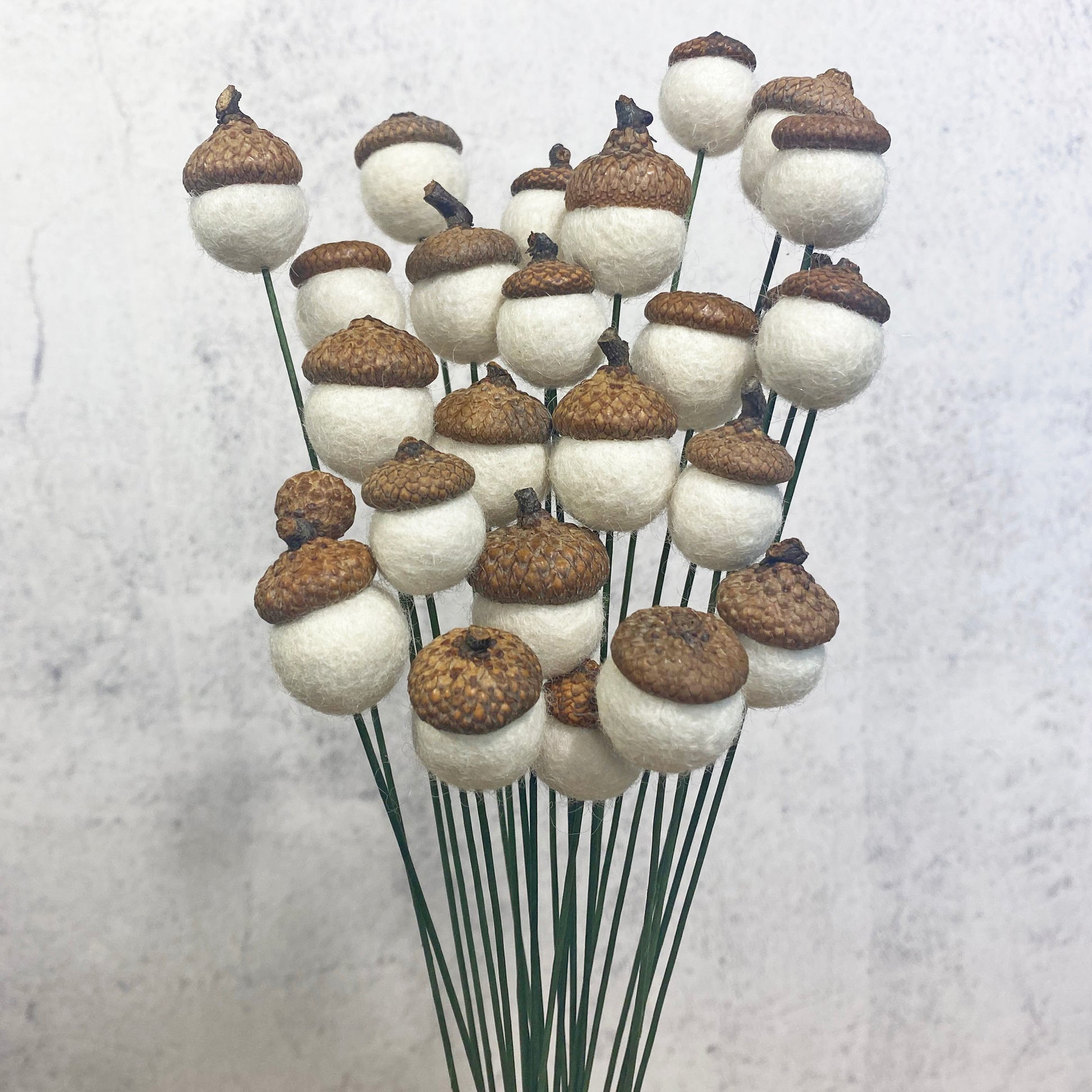 Bouquet of acorn-shaped decorations on a white background