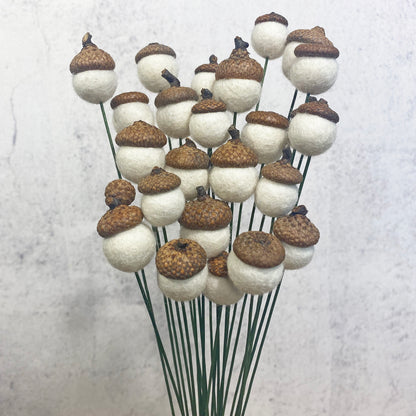 Bouquet of acorn-shaped decorations on a white background