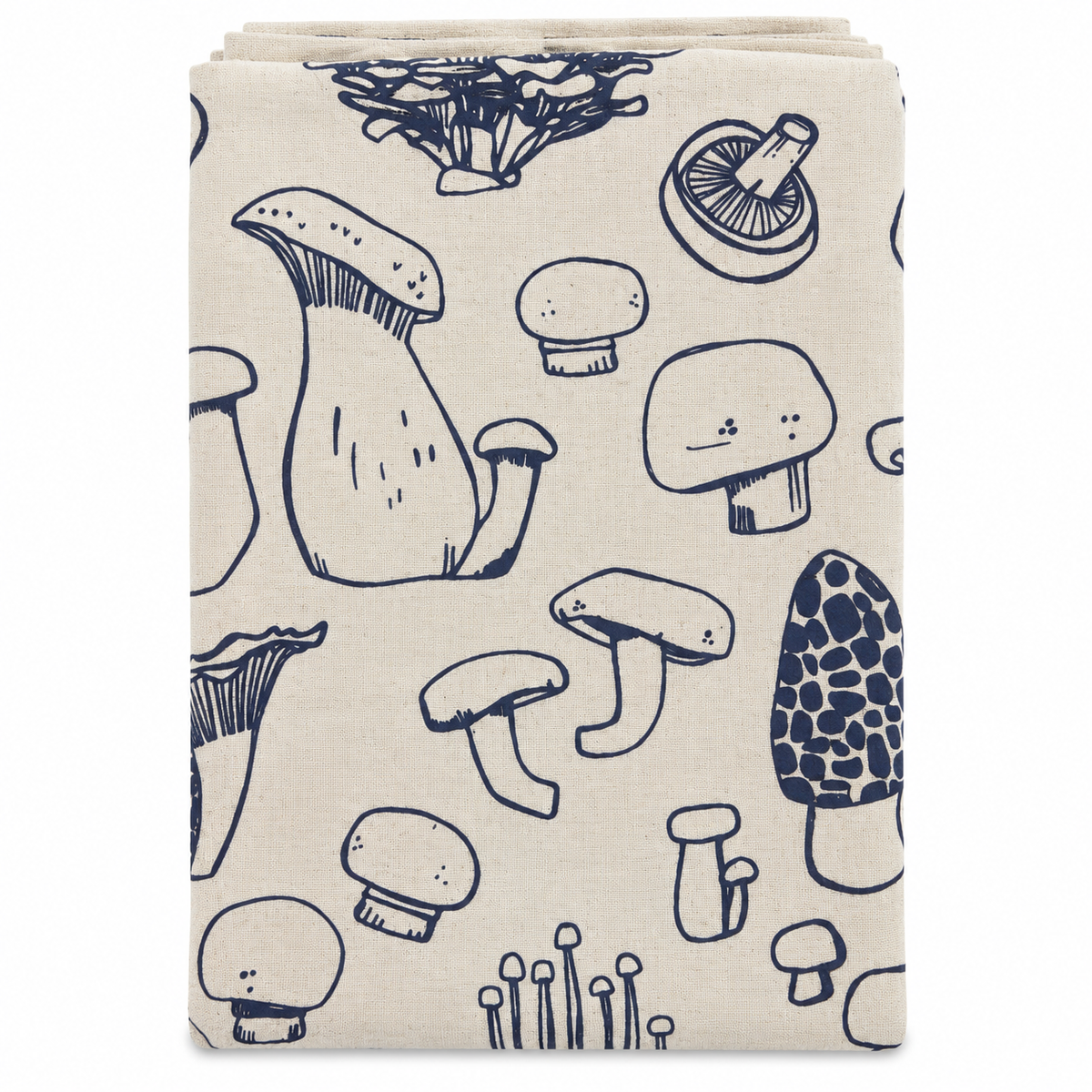 A cream colored tea towel with navy blue mushroom design on a white background.
