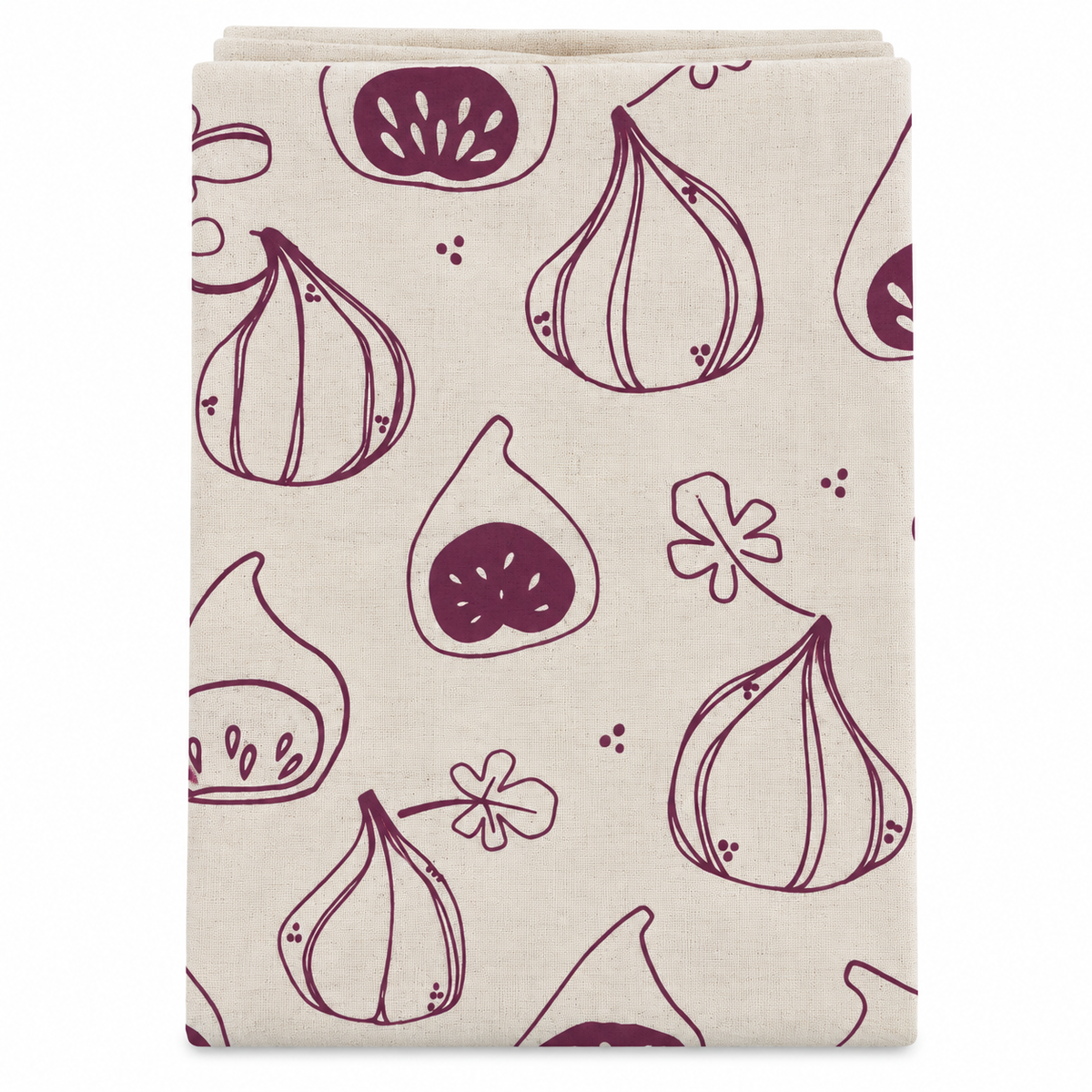 A cream colored tea towel with fig design printed in burgundy on a white background.