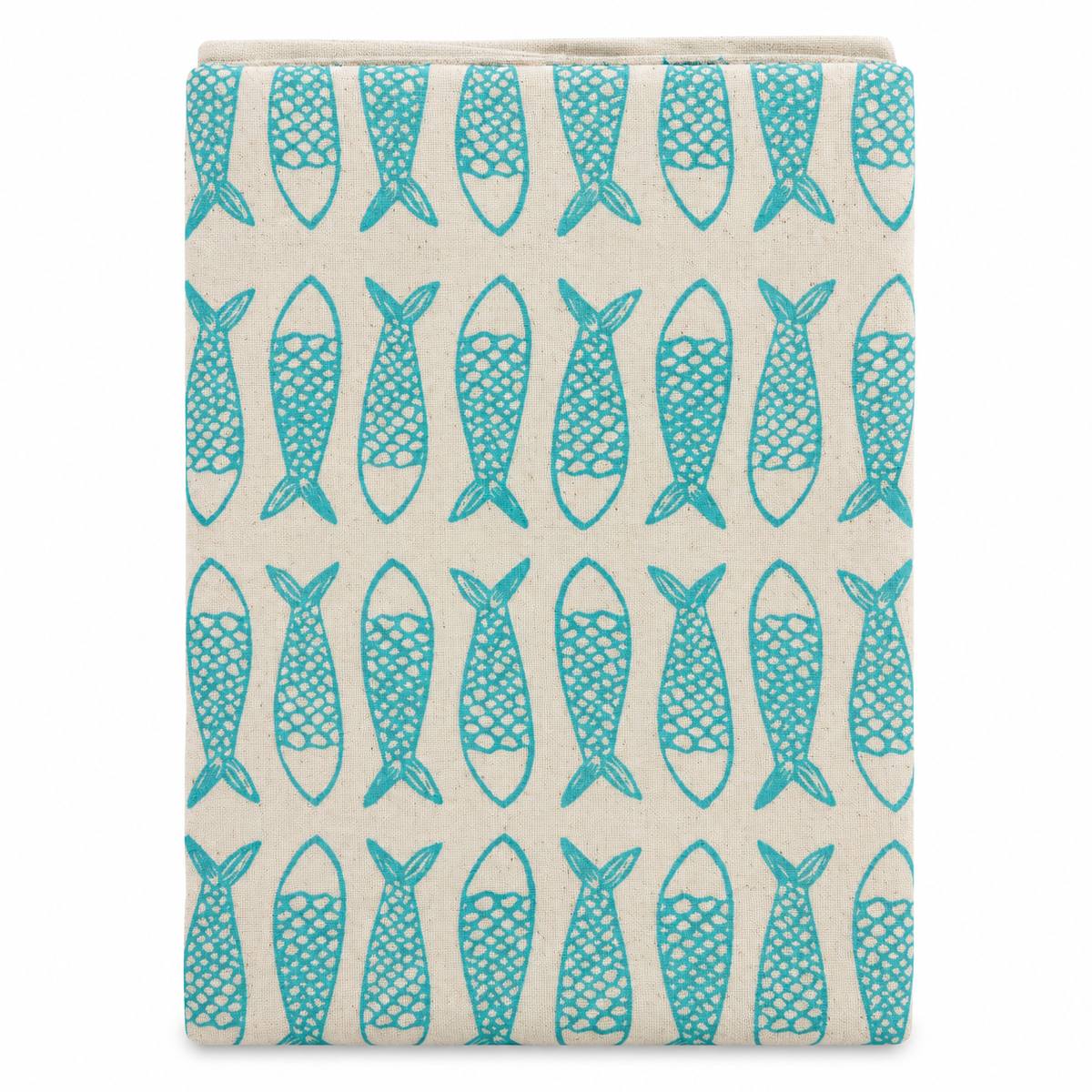 A cream colored tea towel with fish design printed in turquoise blue on a white background.