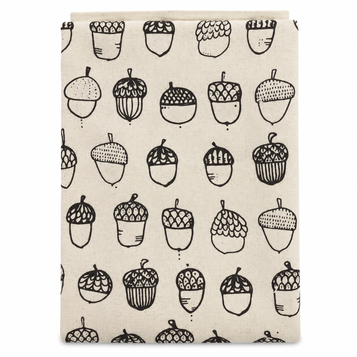 Cream tea towel with acorn design printed in brown on a white background.