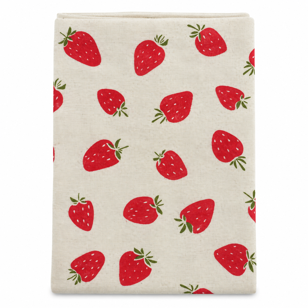 A cream colored tea towel with red strawberry design on a white background.