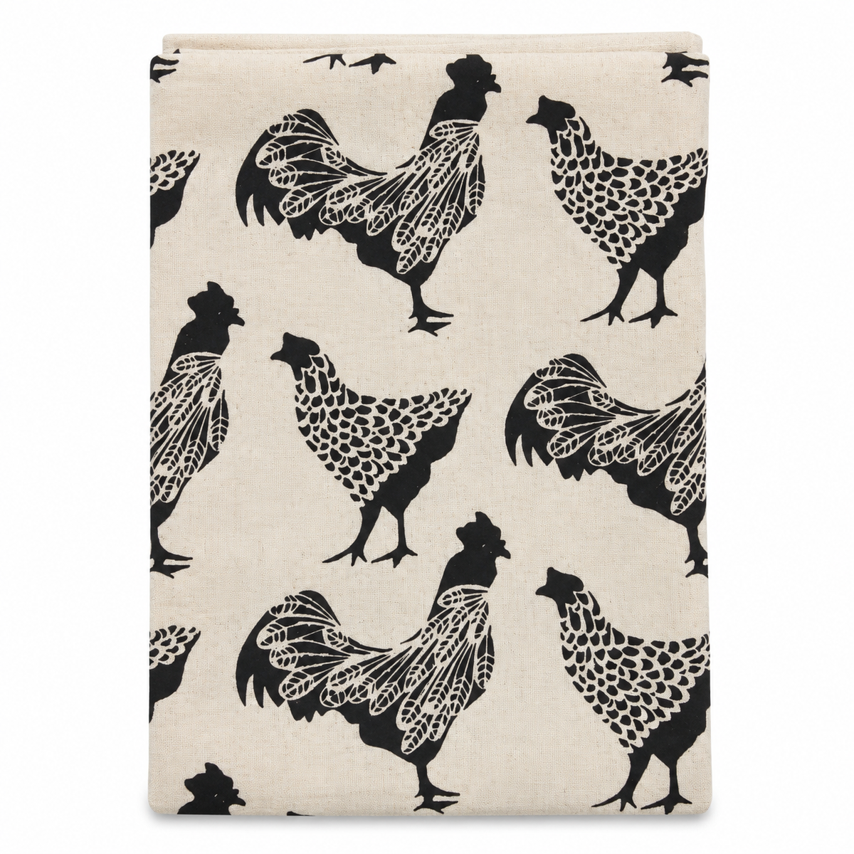 A cream colored tea towel with chicken design printed in black on a white background.