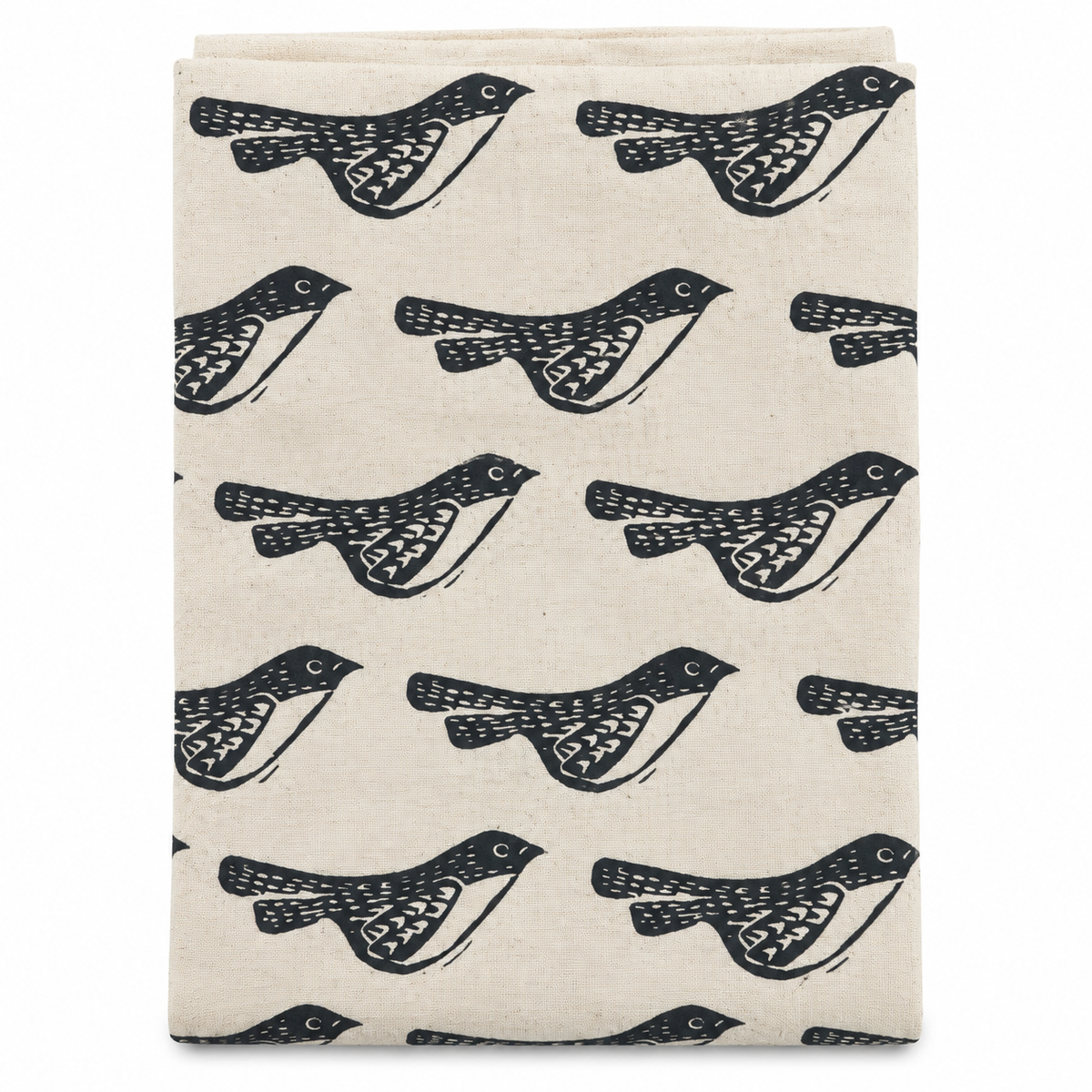 A cream colored tea towel with bird design printed in black on a white background.