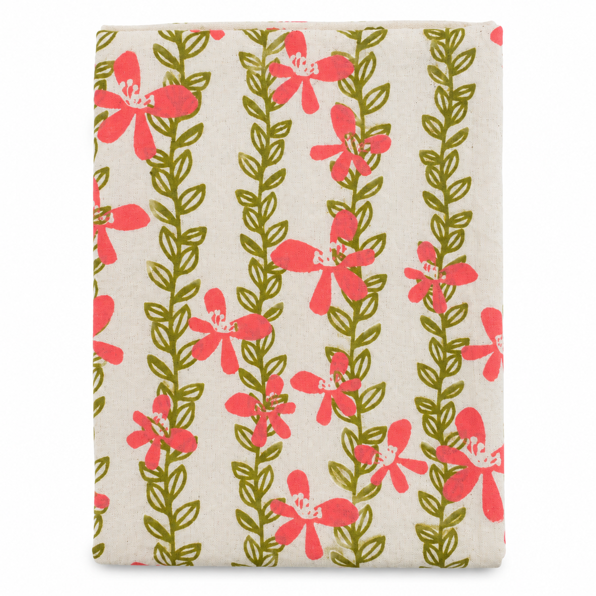 A cream colored tea towel with pink flowers and green vines design on a white background.