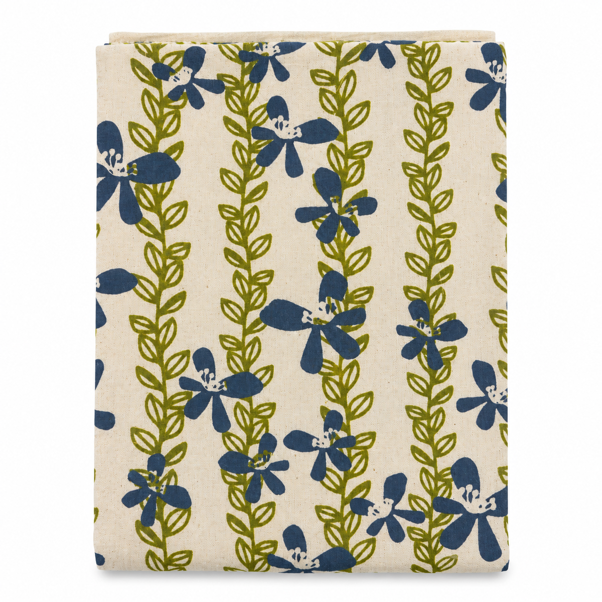 A cream colored tea towel with blue flowers and green vines design on a white background.