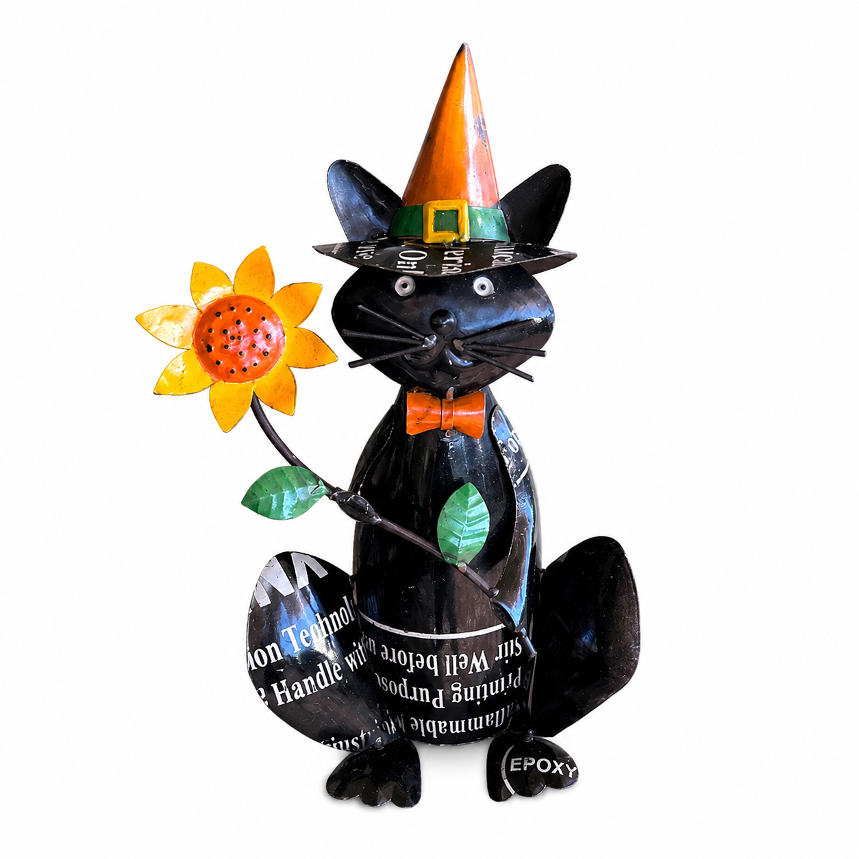 Decorative black cat figurine with a witch hat and sunflower on a white background