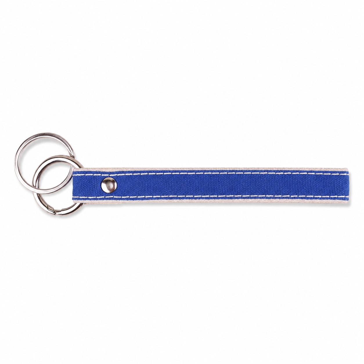 Keychain with blue strap and silver key rings on a white background