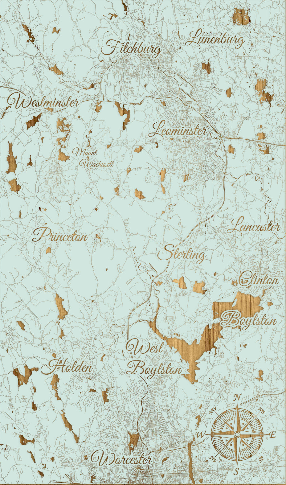 Vintage-style map with city names and a compass rose on a light blue background