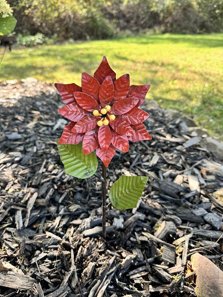 Red metal poinsettia plant on mulch with a natural background