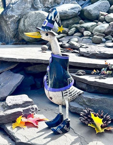 Decorative duck with a witch hat on a rocky surface