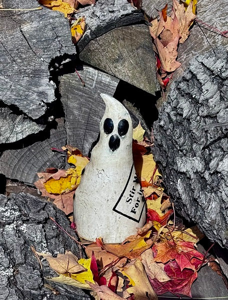 Ghost figurine on a bed of autumn leaves and tree bark
