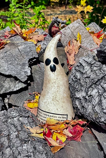 Ghost-shaped object on a rocky surface with autumn leaves