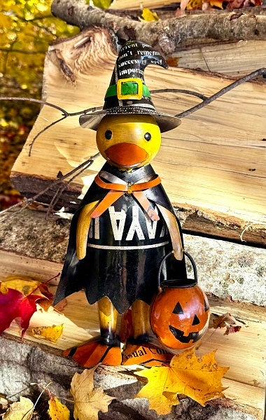 Halloween-themed duck figurine with a witch hat and pumpkin, standing on wooden logs.