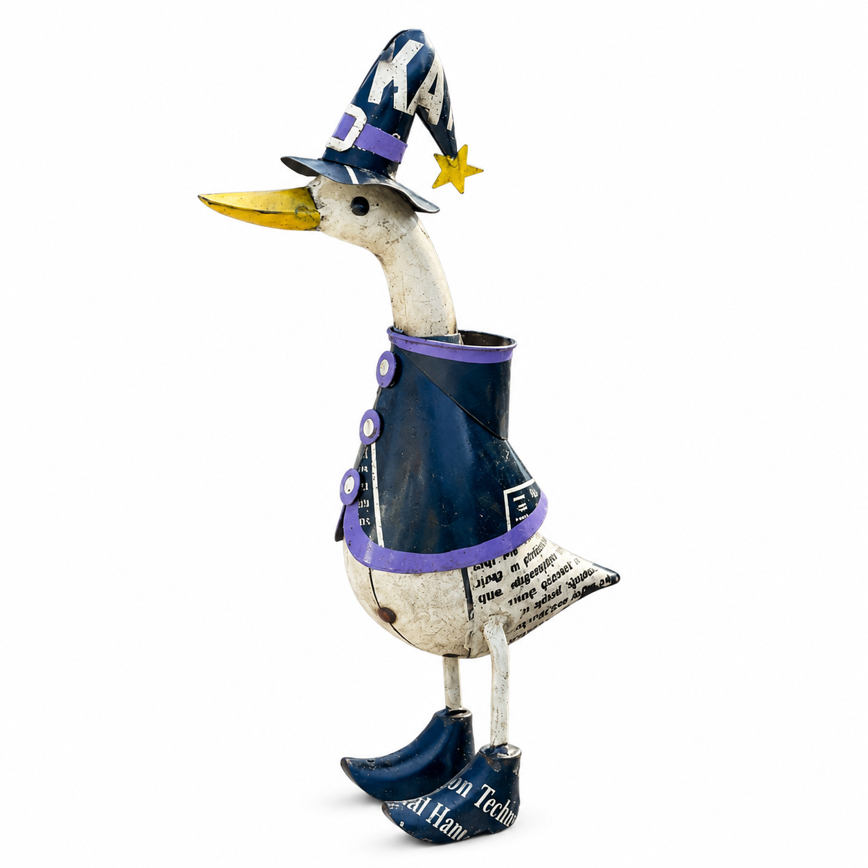 Decorative duck figurine wearing a witch hat and coat on a white background