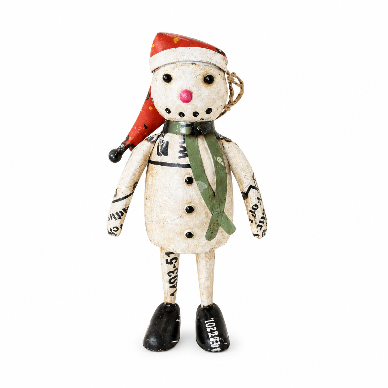 Decorative snowman figurine with a red hat and green scarf on a white background