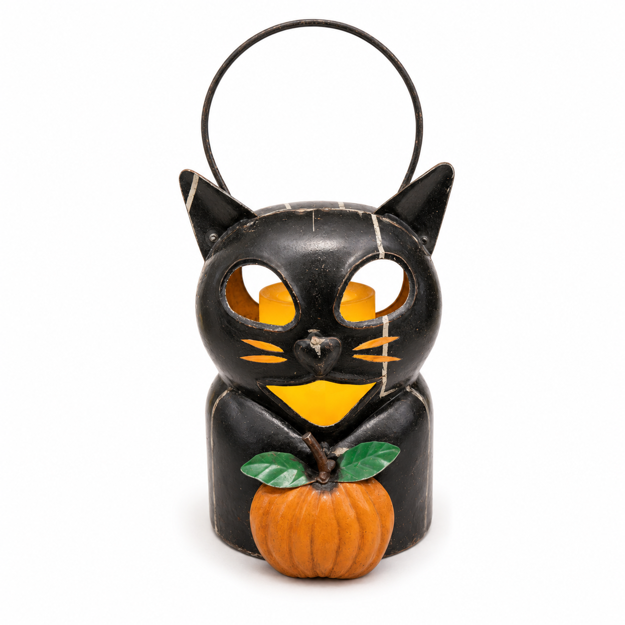 Black cat-shaped Halloween lantern with a pumpkin on a white background