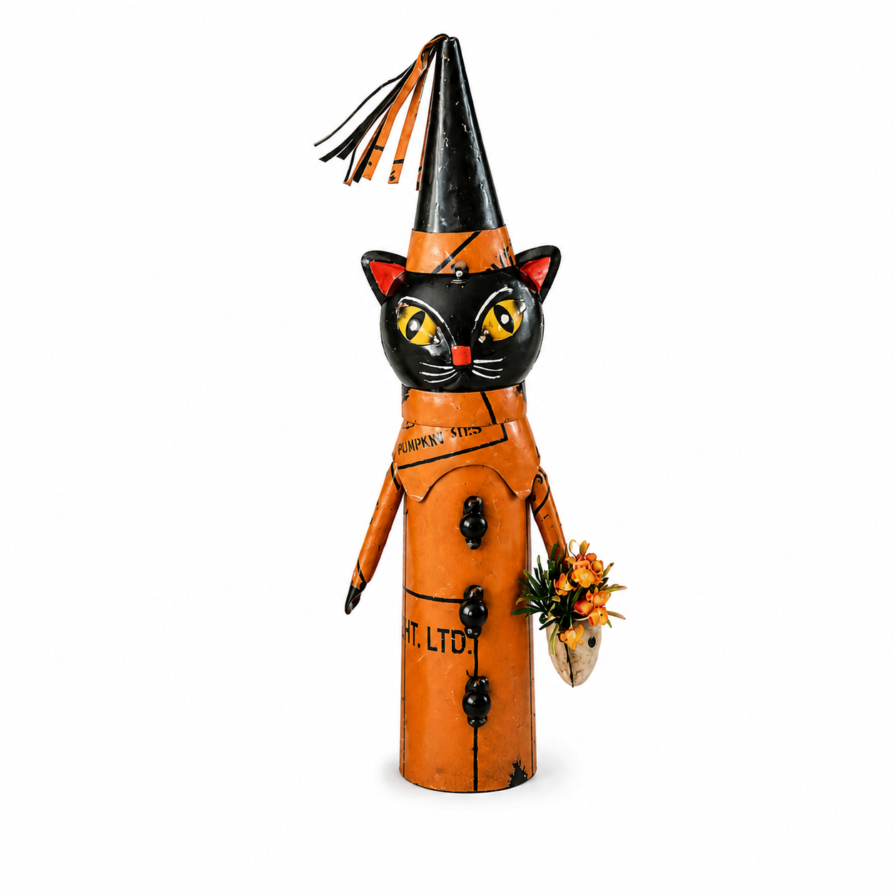 Halloween-themed cat figurine with a black hat and orange body on a white background