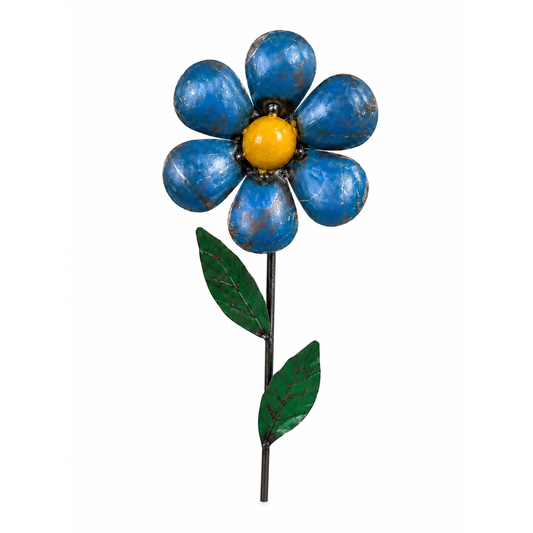Decorative metal flower with blue petals on a white background.