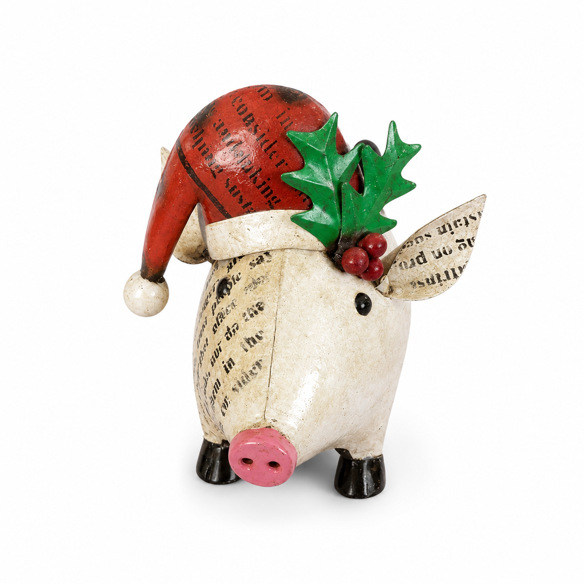 Decorative Christmas pig figurine with a red hat and holly leaves on a white background