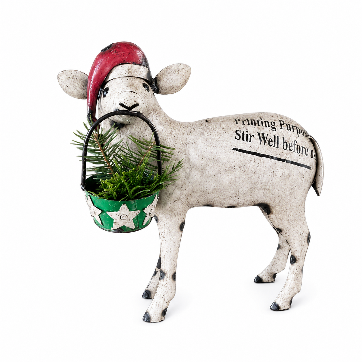 Decorative sheep figurine with a Santa hat and Christmas tree, on a white background