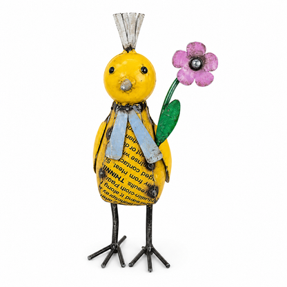 Decorative bird figurine with a flower on a white background.