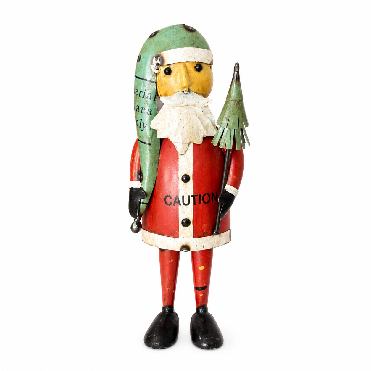 Metal Santa Claus figurine with a green hat and red suit on a white background