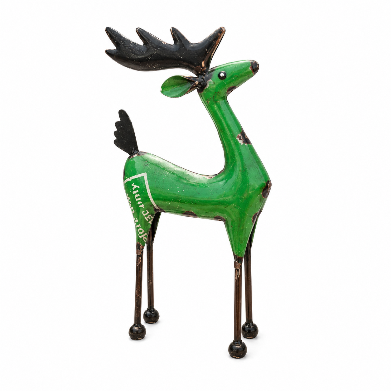 Green reindeer figurine with black antlers on a white background