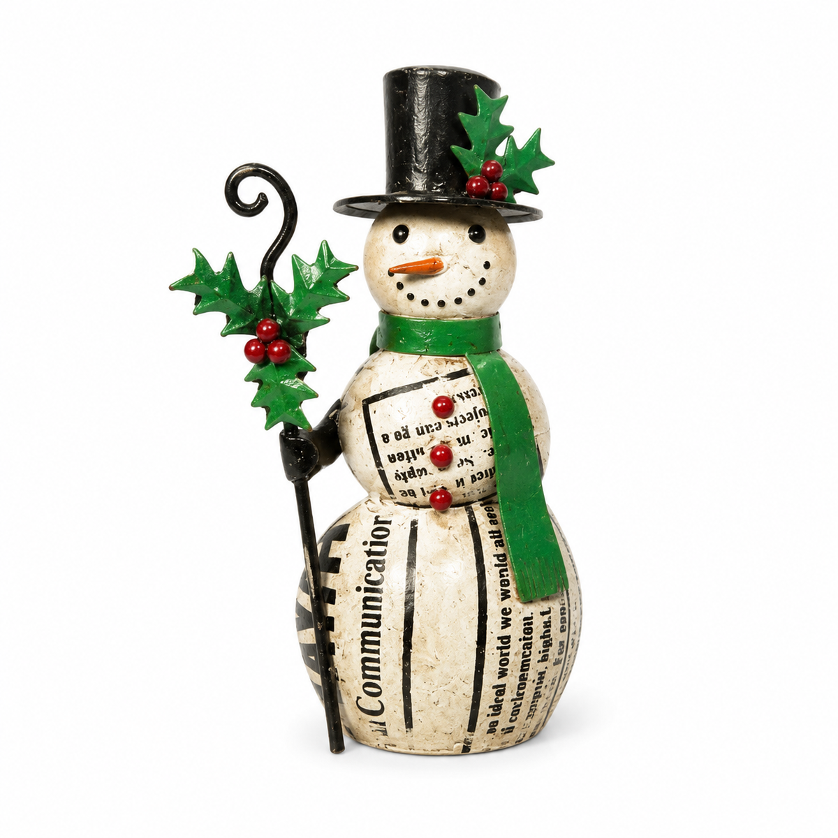 Decorative snowman figurine with a top hat, green scarf, and holly leaves on a white background.
