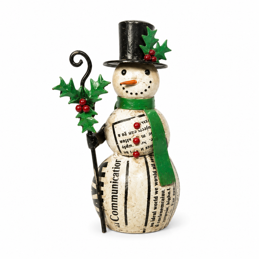Decorative snowman figurine with a top hat, green scarf, and holly leaves on a white background.