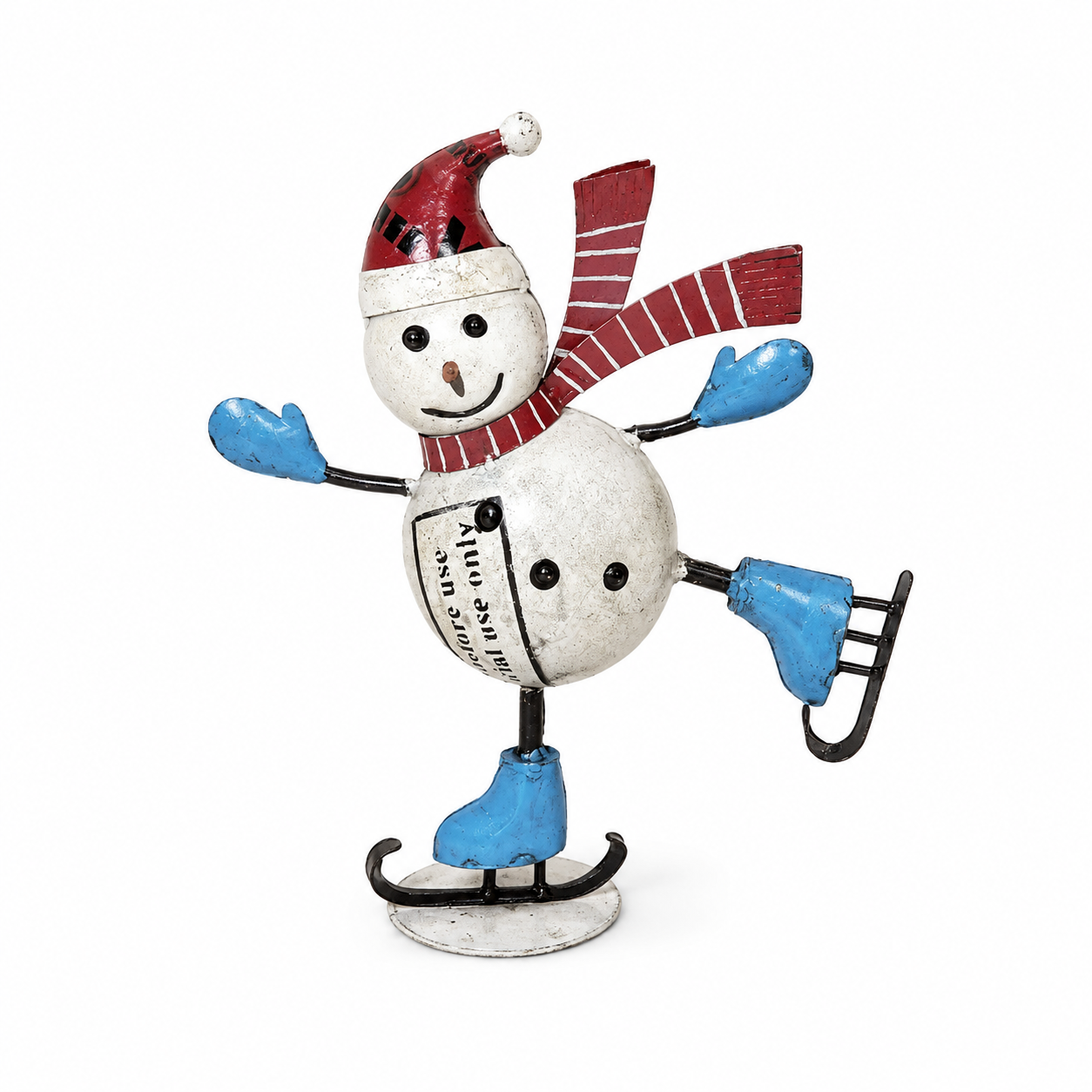 Decorative skating snowman figurine with a red hat and scarf, blue gloves, and a white ball body on a white background.
