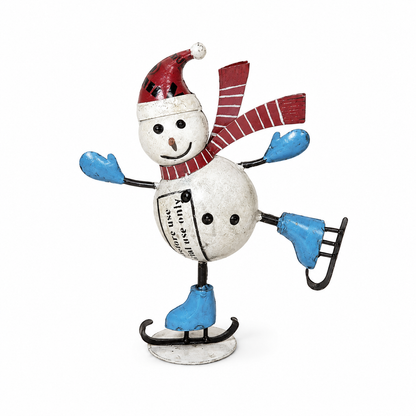 Decorative skating snowman figurine with a red hat and scarf, blue gloves, and a white ball body on a white background.