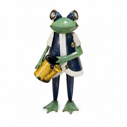 Decorative frog figurine holding a yellow bucket on a white background