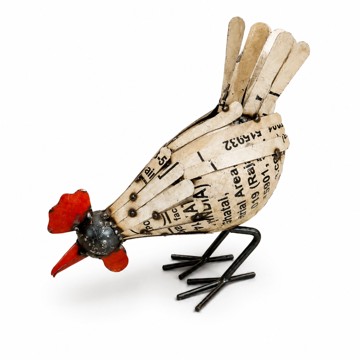 Decorative chicken figurine made from recycled materials on a white background