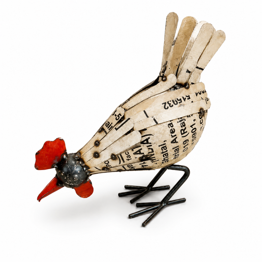 Decorative chicken figurine made from recycled materials on a white background