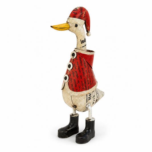 Decorative duck sculpture wearing a Santa hat, coat, and boots on a white background.