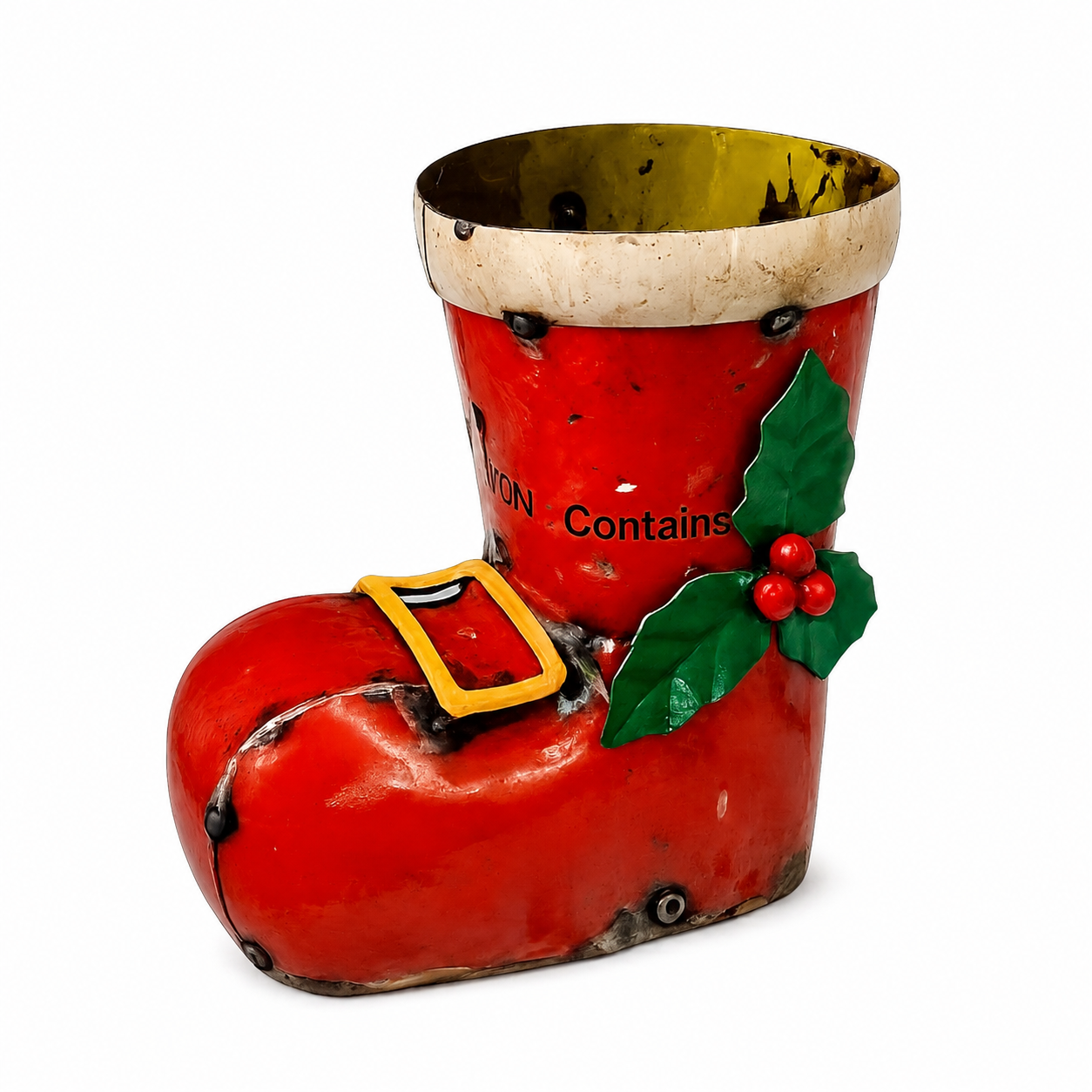 Red boot-shaped container with a holly leaf and berries on a white background