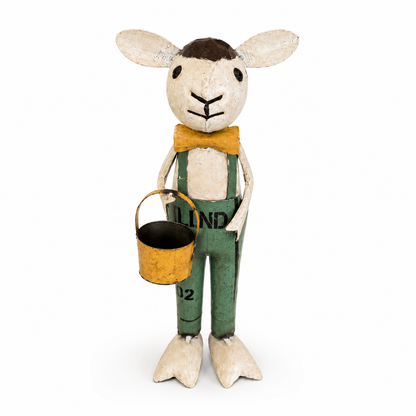 Metal sheep with a bucket on a white background