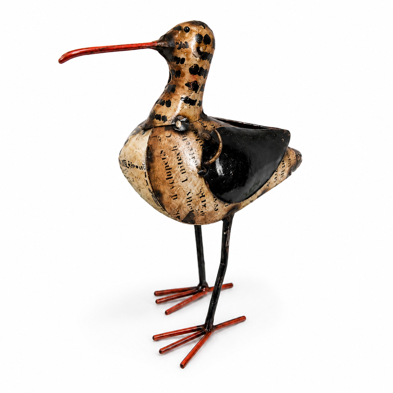 Decorative bird sculpture with a unique design on a white background