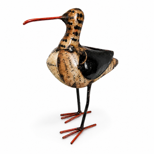 Decorative bird sculpture with a unique design on a white background