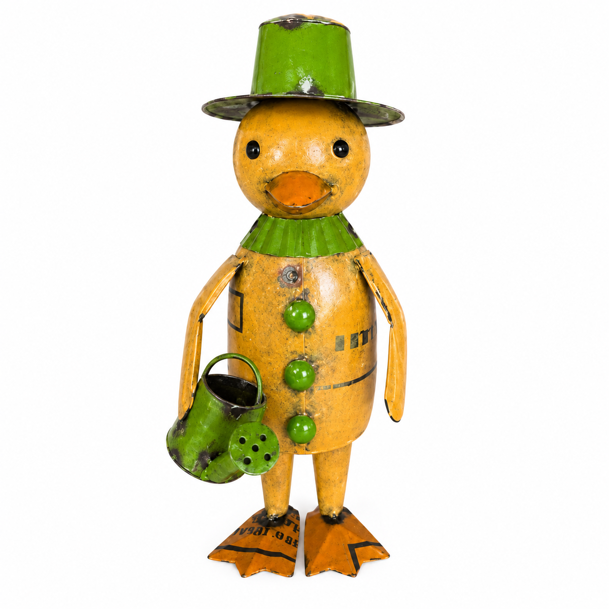 Metal duck figurine with green hat and green watering can on a white background.