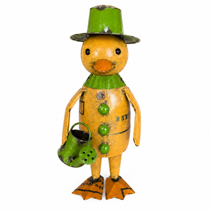 Metal duck figurine with green hat and green watering can on a white background.